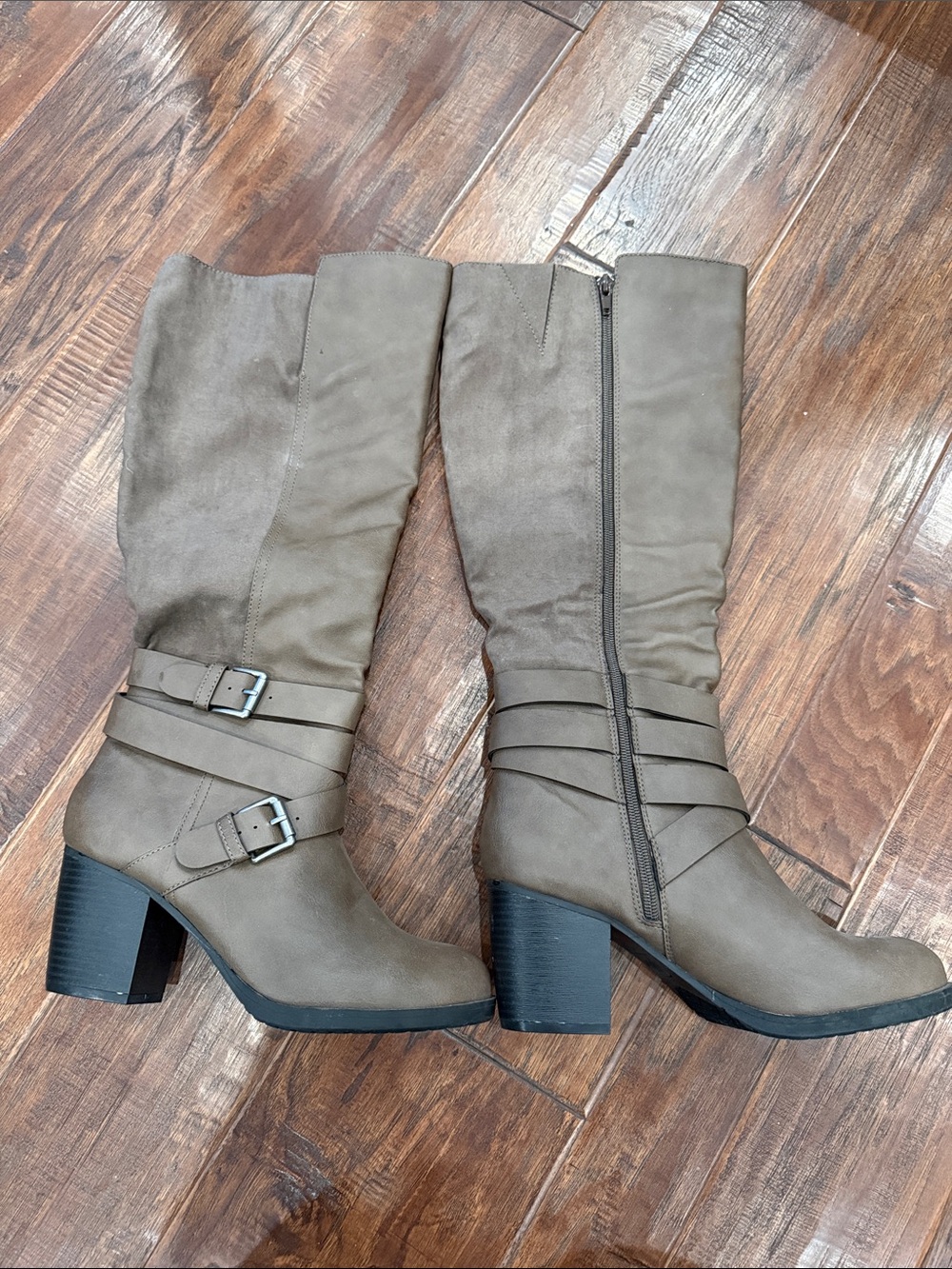 Style & Co. Taupe Knee-High Buckle Strap Block Heel Boots